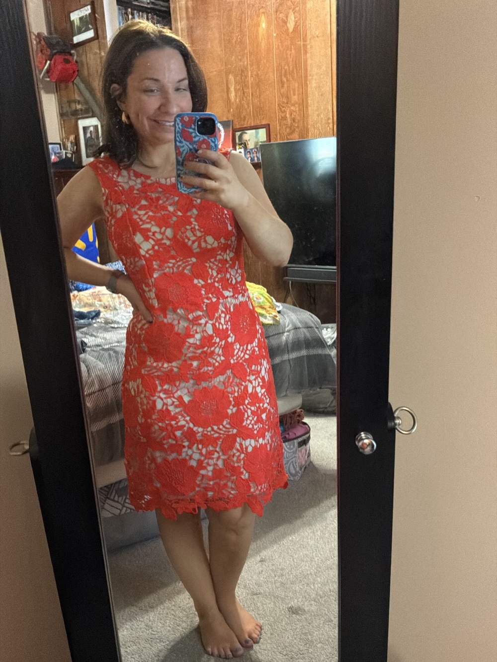 Beige by eci orange crochet / lace dress